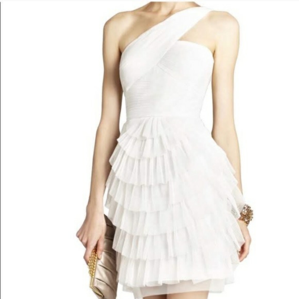 bcbgmaxazria white one-shoulder dress